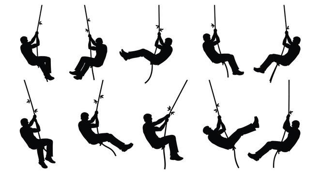 Silhouettes of people swinging on ropes depicting playful movement and recreation