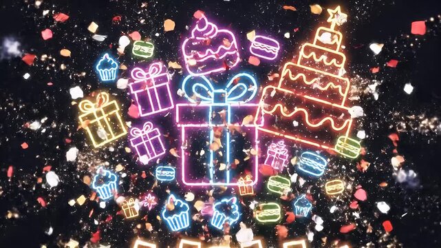 Neon Gift Box With Confetti Celebration Background