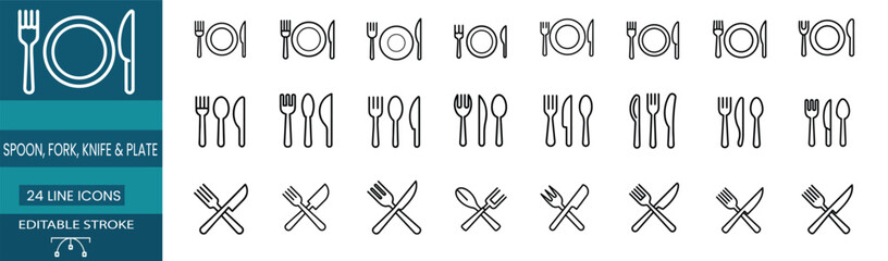 Restaurant and cutlery web line icons set featuring plate with fork and knife dinner set spoon trio crossed tools kitchen tableware and more Vector Illustration with editable stroke © Purnima