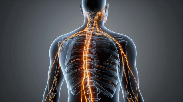 Intricate 3D rendering of the human nervous system, revealing the glowing spinal cord and extensive neural network, emphasizing complex biological communication pathways for advanced study