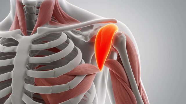 Anatomical illustration of the deltoid muscle in the human shoulder joint, showcasing muscular structure and bone anatomy