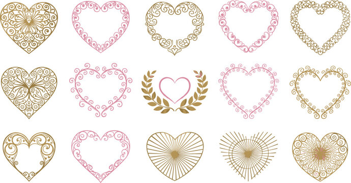 Elegant Decorative Heart Frame Vector Set with Intricate Filigree Ornaments and Floral Swirls for Luxury Wedding Invitations Romantic Greeting Cards and Valentine Day Branding