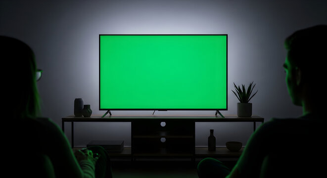 Two people watching a green screen TV in a dark room with furniture
