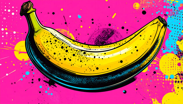 Vibrant Pop Art illustration of a peeled banana with bold black outlines yellow and cyan colors on hot pink background generative AI