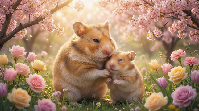 Golden hamster mother with baby in blooming spring flowers, soft pastel tones and warm sunlight create a tiny and adorable family moment full of care and love for Mother's Day