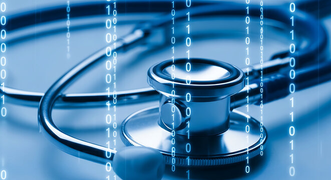 Stethoscope with binary code overlay blue tones medical health