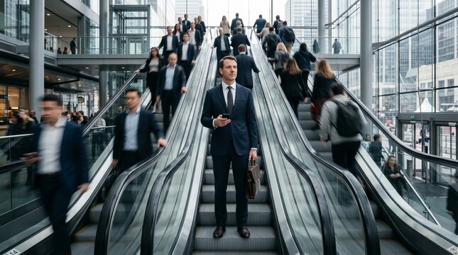 Businessman standing on escalator in busy corporate atrium surrounded by moving people. Leadership, business pace, urban professionalism, focus and success concept in modern office environment.