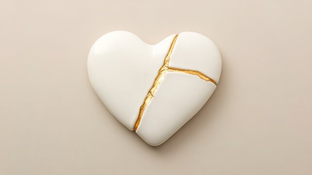 kintsugi. A cracked heart-shaped ceramic ornament repaired with gold lacquer on a neutral background. wellbeing guides.