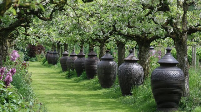 Row of ancient ceramic ollas strategically buried in lush garden for efficient watering