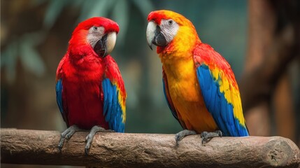 Fototapeta premium Two vibrant macaws perched on a thick branch, displaying their stunning colorful plumage in natural jungle setting.
