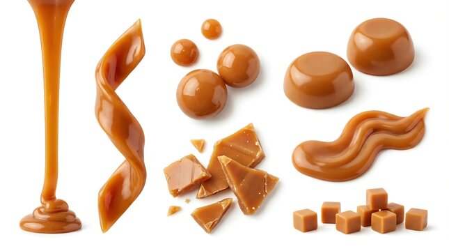 Delicious caramel assortment with liquid, swirls, cubes, and shards on white
