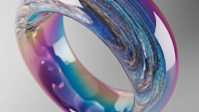 Iridescent holographic ring floating on a plain grey background