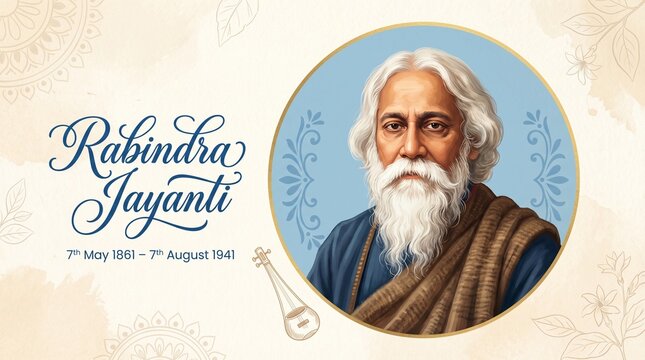 Rabindranath Tagore illustration for 22 Shey Shrabon Rabindra Jayanti Social Media Post, Web Banner, Status