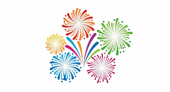 Colorful fireworks explode against a white background