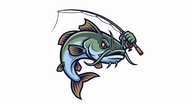 A cartoon catfish fiercely grips a fishing rod, ready to reel in its next catch