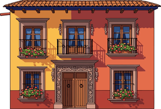 A vibrant, multi-story building facade with a terracotta tile roof, adorned with flower-filled window boxes