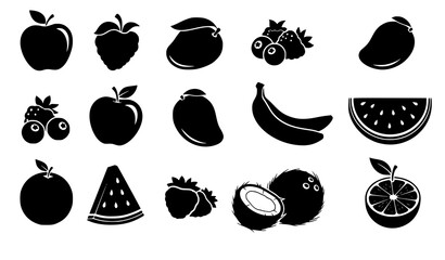 Fruit silhouette collection apple mango banana berries tropical vector isolated on white © Sifat