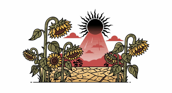 Sunflowers wilt in a dry landscape under a dark, eclipsing sun with red rays
