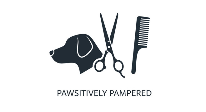 Dog grooming logo design featuring a dog silhouette scissors and comb.