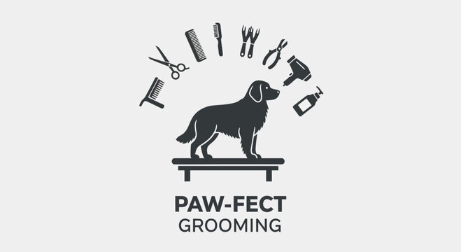 Dog grooming salon logo design with professional equipment and pet silhouette.