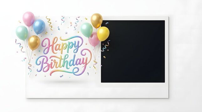 Birthday greeting card template, Happy Birthday text, colorful balloons and confetti, celebration design