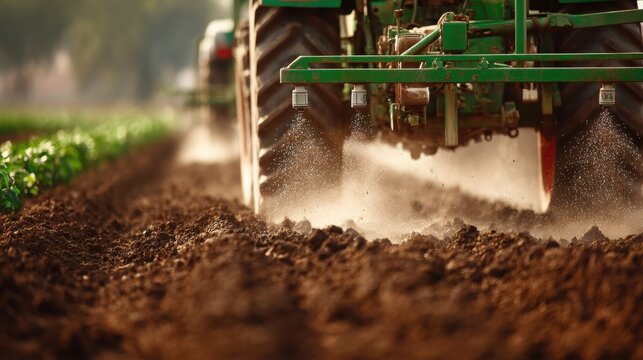 Green tractor precisely applies organic fertilizers to rich soil in a farming field