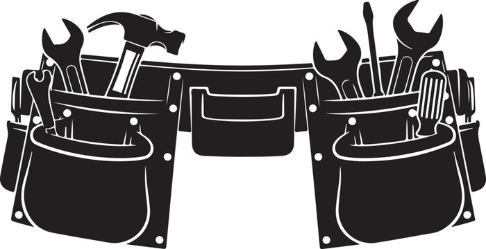 Black leather tool belt with tools hammer