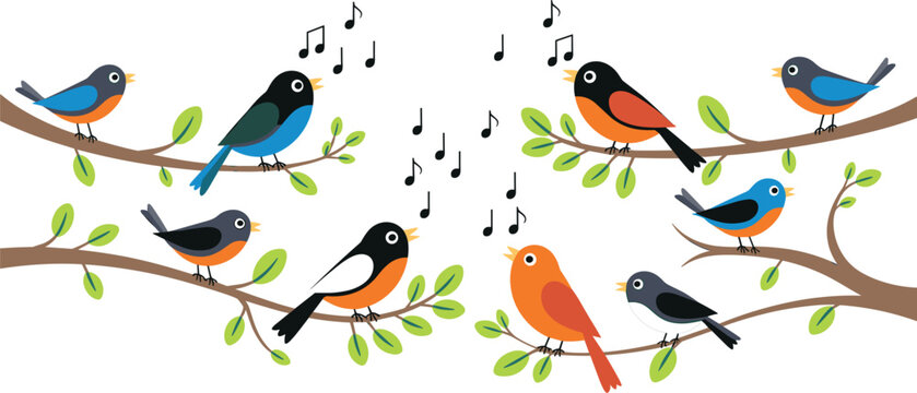 Cute cartoon birds perched on branches chirping melodies with playful musical notes