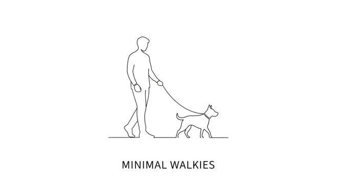 Minimalist continuous line drawing of a person walking a dog.