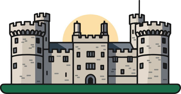 Stylized illustration of a stone castle with crenellated towers and a warm sun behind it