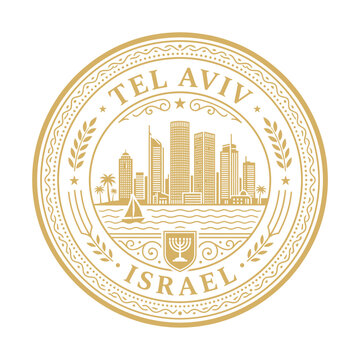 Elegant gold Tel Aviv Israel skyline emblem featuring skyscrapers and menorah vector illustration