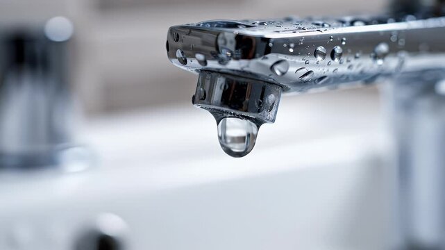 Close-up of a chrome faucet with water droplets and a stream of water flowing