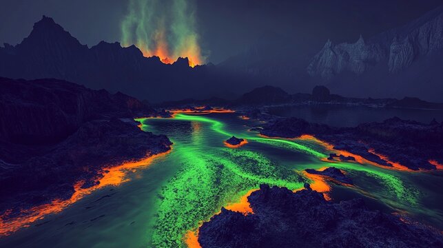 toxicology. A terrifyingly beautiful underwater scene where the coral reef is consumed by an acidic neon-green and orange haze. ESG reports.