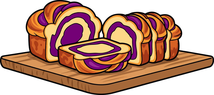 Swirled purple and orange sweet bread loaves and slices on a wooden board