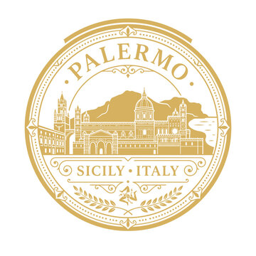 Palermo Sicily Italy city skyline circular vintage seal gold line art vector illustration
