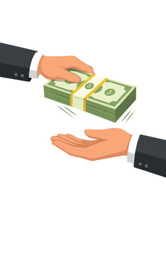 Vector illustration of hand giving stack of cash to another hand, concept of bribery, corruption, illegal payment, financial transaction, business deal, fraud and unethical money exchange.