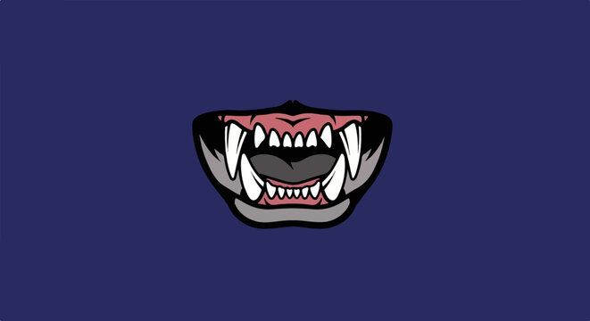 Fierce animal mouth with sharp fangs, bared in a menacing growl on a deep blue background