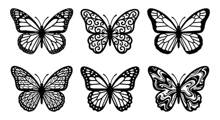 Black butterfly silhouette collection, 6 decorative insect vector elements, ornate butterfly wing patterns for laser cutting and vinyl decals © Sujon