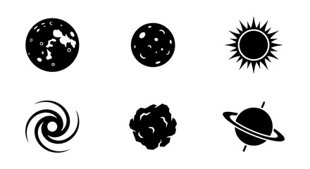 Minimalist space icons set, black celestial bodies vector collection, 6 astronomy symbols including sun and planets for educational infographics © Sujon