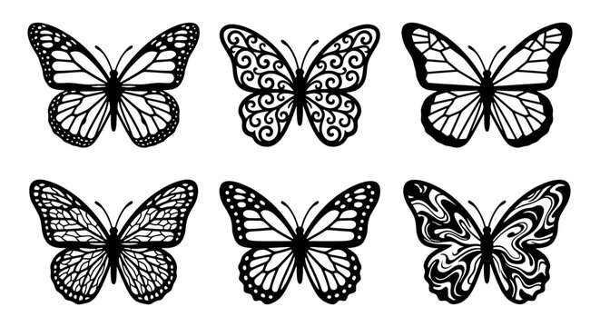 Black butterfly silhouette collection, 6 decorative insect vector elements, ornate butterfly wing patterns for laser cutting and vinyl decals
