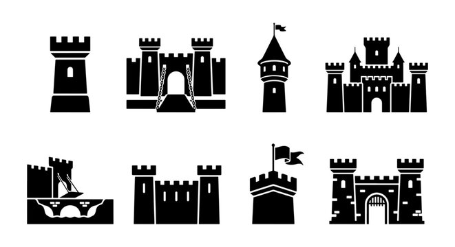 Medieval castle silhouette icons set, 8 black fortress and palace vector elements, ancient stone tower and citadel symbols for game design