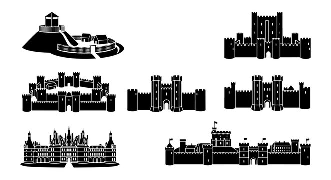 Medieval castle silhouette set, 7 black vector icons of historic fortresses and palaces, ancient stone citadel architecture for gaming and history