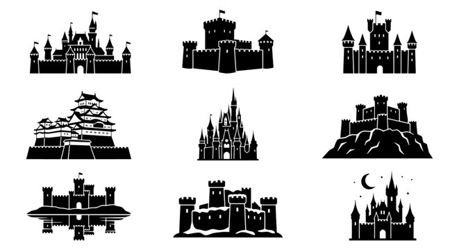 Medieval castle silhouettes set, 9 black fortress vector icons, fairy tale palace and royal kingdom architecture, ancient stone citadel symbols