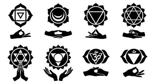 Sacred chakra symbols with mudra hand gestures, black spiritual energy icons set, yoga meditation and mindfulness vector elements for wellness