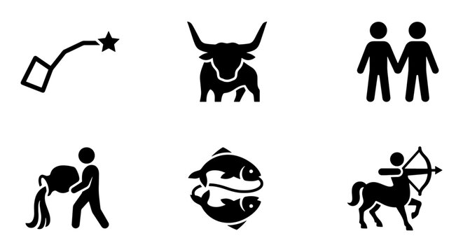 Zodiac signs icon set, black astrology symbols vector collection, minimalist horoscope illustrations including Taurus, Gemini, and Sagittarius