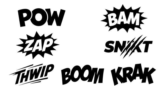 Comic book sound effects set, black and white onomatopoeia vector icons, vintage superhero action bubbles with Pow Bam Zap Boom Krak Thwip and Snikt