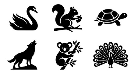 Minimalist animal silhouette icons, set of 6 black vector wildlife symbols, swan squirrel turtle wolf koala and peacock graphics for logo design © Sujon