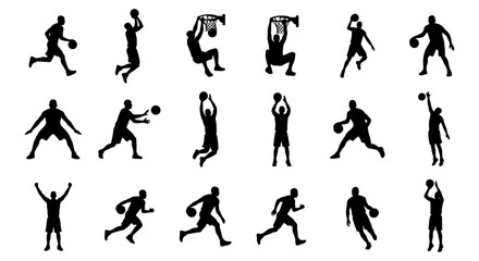 Basketball player silhouettes collection, 18 athlete poses in black vector format, professional basketball action set for sports branding and design © Sujon
