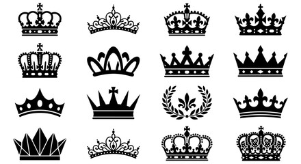 Royal crown silhouettes set, 16 black imperial tiara icons, vintage monarch headwear collection, heraldic king and queen symbols for logo design © Sujon