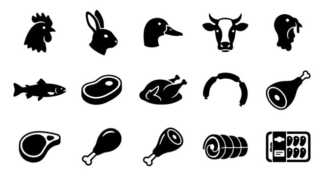 Butcher shop icons set, 15 black meat and farm animal vector symbols, fresh protein products for grocery and restaurant menus